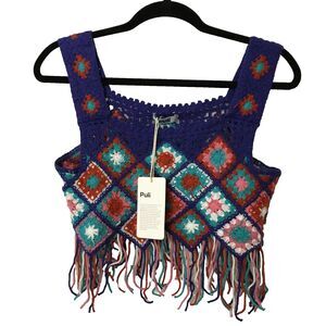 Puli Women Top Size Small Crochet Granny Square Cotton Knit Cropped Pullover A4